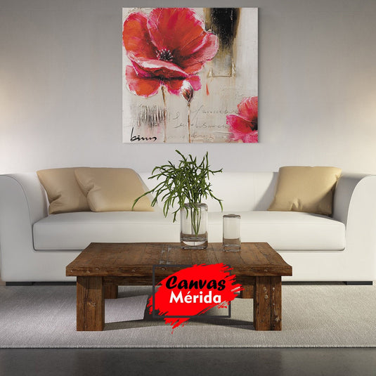 Pintura de una amapola roja sobre fondo texturizado con escritura