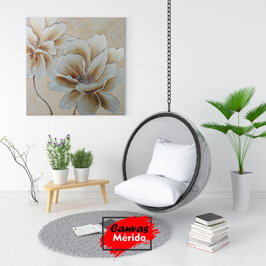 Pintura de flores estilizadas en beige y gris con detalles dorados