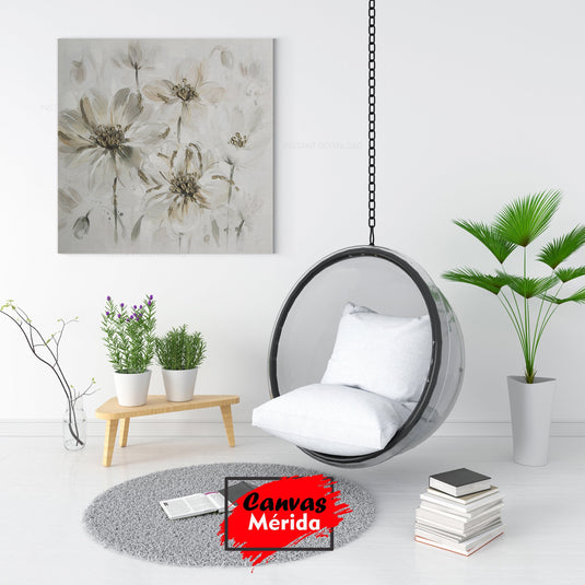 Pintura al óleo de flores blancas y doradas sobre fondo neutro