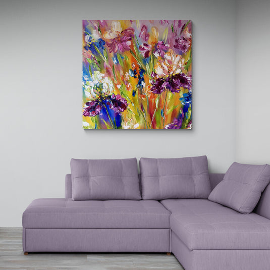 Pintura al óleo de un prado de flores silvestres con colores vibrantes