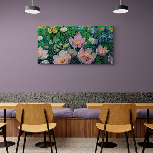 Pintura de jardín con flores de loto y flores silvestres