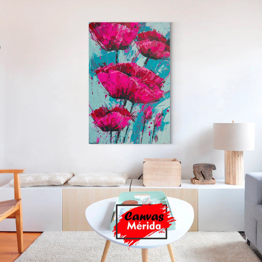 Cuadro abstracto de amapolas en tonos fucsia y turquesa con textura de impasto y salpicaduras de pintura