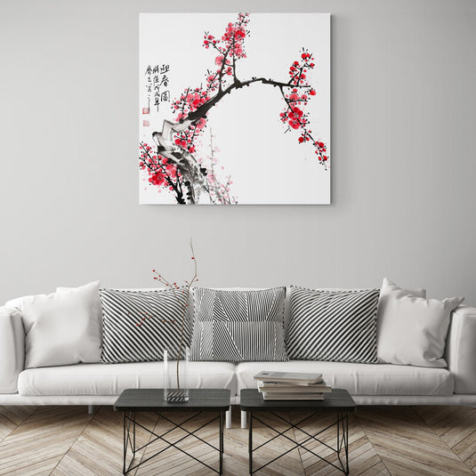 Pintura tradicional china de rama de cerezo en flor con caligrafía