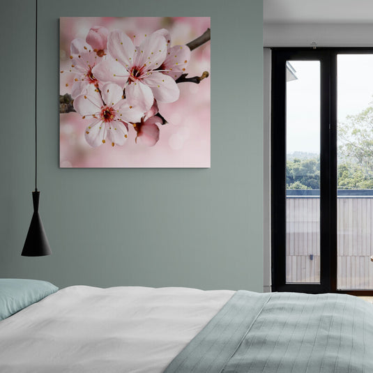 Fotografía detallada de flores de cerezo en tonos rosas con fondo desenfocado
