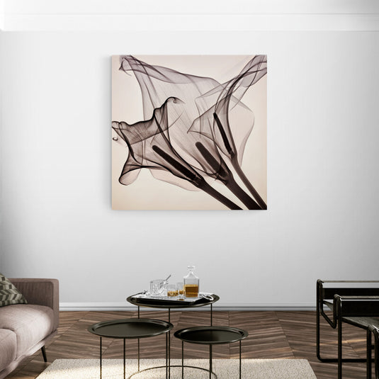 Obra de arte abstracto representando figuras etéreas en tonos de gris