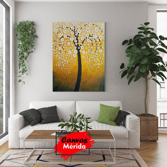 Cuadro decorativo de paisaje amarillo y ámbar con árbol de tronco café y hojas blancas en forma de flor sobre base verde