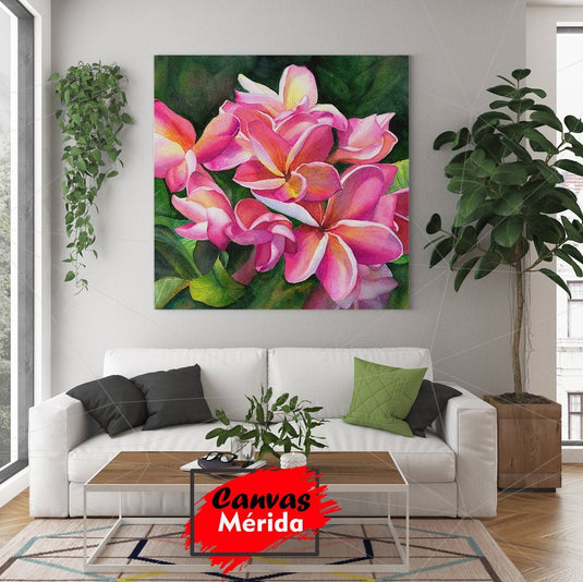 Pintura acuarela de plumerias rosas y blancas