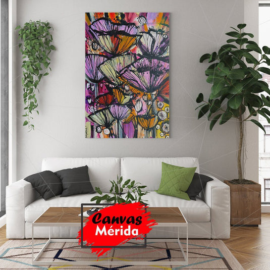 "Obra de arte abstracta con flores estilizadas en colores vibrantes sobre fondo expresionista"