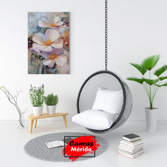 Pintura al óleo de flores blancas estilo impresionista con detalles en tonos cálidos