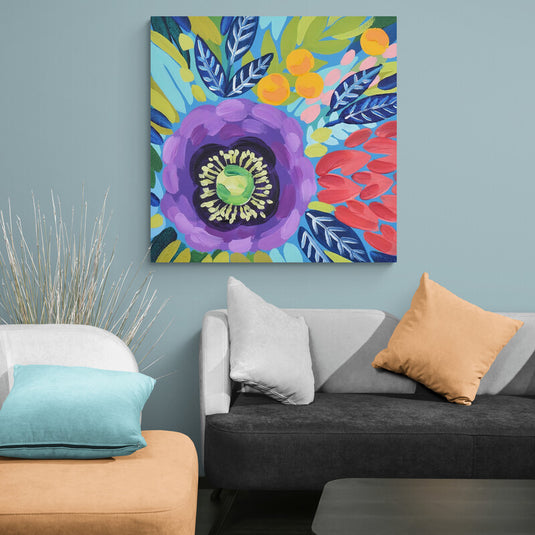 Cuadro colorido de flores estilo ilustración moderna, arte floral alegre y vibrante para decoración juvenil o creativa.