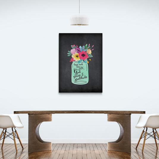 "Gráfico de un frasco con flores y mensaje inspirador sobre fondo oscuro