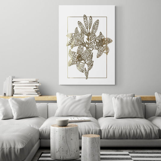 Hojas estilizadas con diseño geométrico dorado sobre fondo blanco