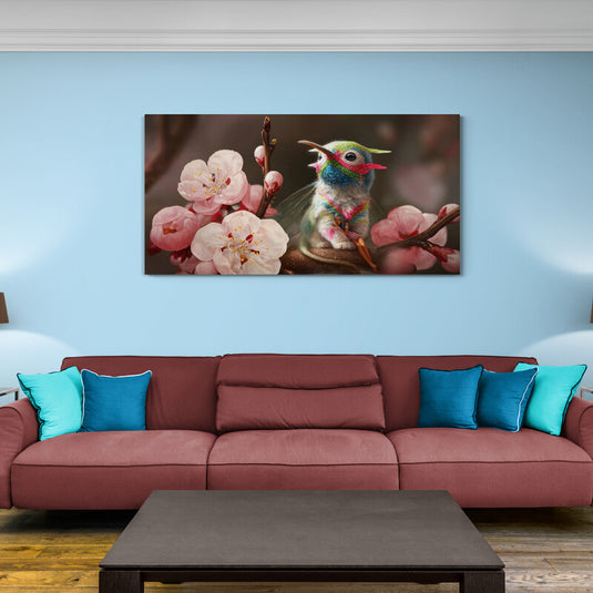 Cuadro_decorativo_pajarito_pequeño_curioso_fondo_desenfocado_café_flores_rosas