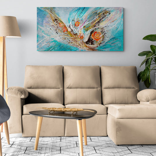 Pintura abstracta con flores naranjas y azules