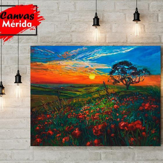 Cuadro decorativo de pintura: Paisaje de atardecer con sol y gran árbol.