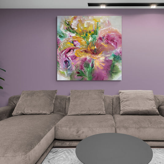 Pintura impresionista de flores coloridas en técnica de pinceladas sueltas