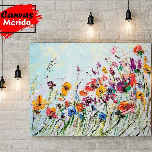 Pintura impresionista de campo de flores silvestres en colores vivos