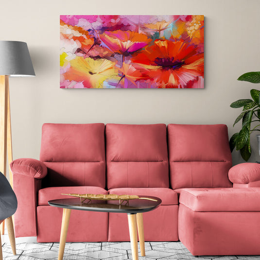 Pintura abstracta de campo de flores en tonos vibrantes