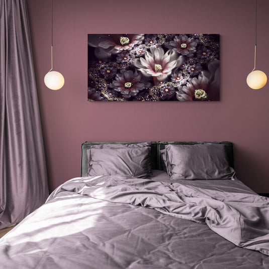 Pintura de flores en tonos de malva y gris con destellos luminosos