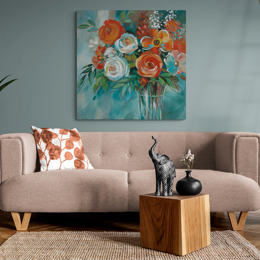 Pintura de arreglo floral en jarrón con rosas y narcisos en colores vibrantes