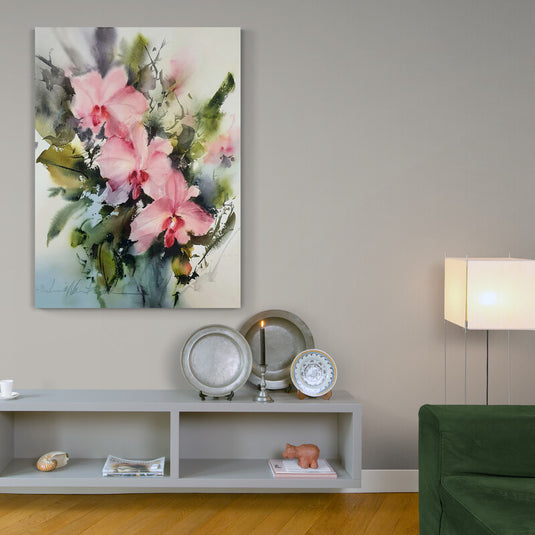 Pintura acuarela de flores delicadas en tonos de rosa con fondo abstracto