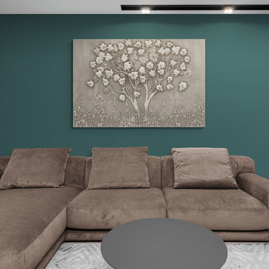 Cuadro_decorativo_fondo_gris_árbol_ramas_flores_blancas_efecto_relieve