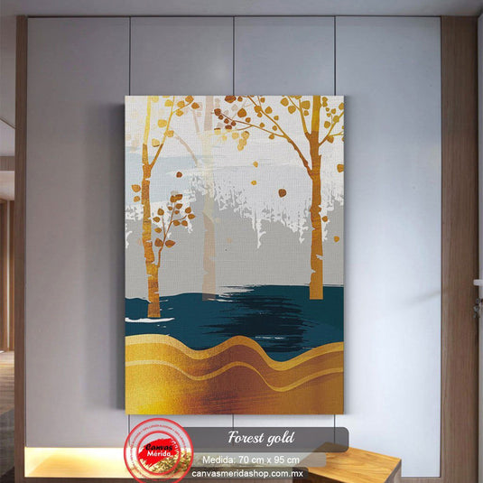 Pintura gráfica abstracta con árboles de otoño y elementos acuáticos