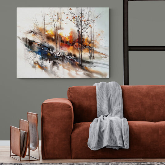 Arte Decorativo Otoñal - Bosque de Colores Cálidos y Árboles con Pequeñas Hojas sobre Fondo Blanco