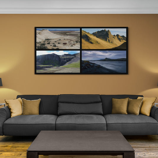 Cuadro decorativo de paisajes naturales en cuatro paneles – desierto, montañas, valle verde y costa – arte mural moderno para sala