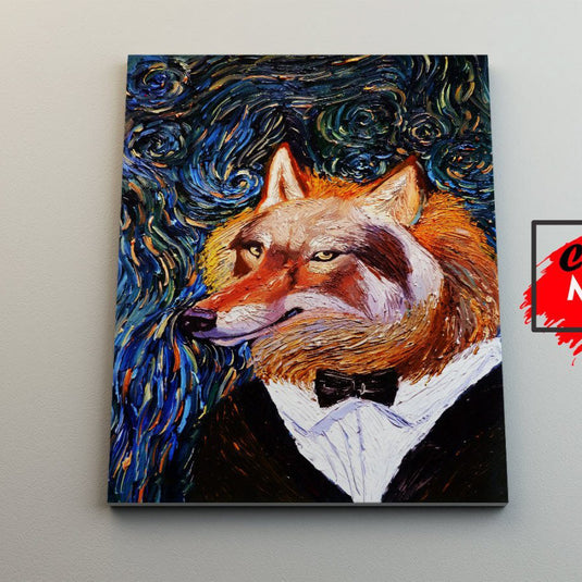 Pintura de Lobo en Traje con Fondo de Noche Estrellada
