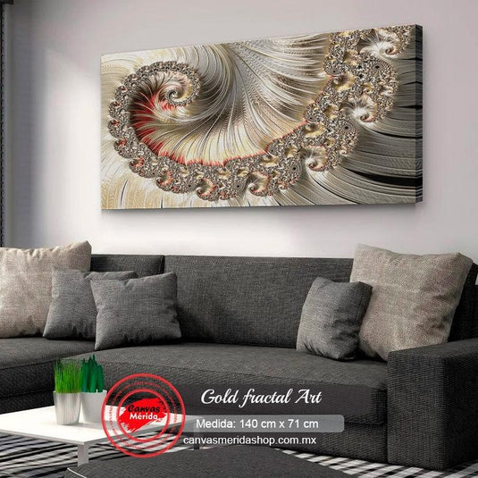 Arte fractal con espirales y filigranas en tonos marfil y dorado.