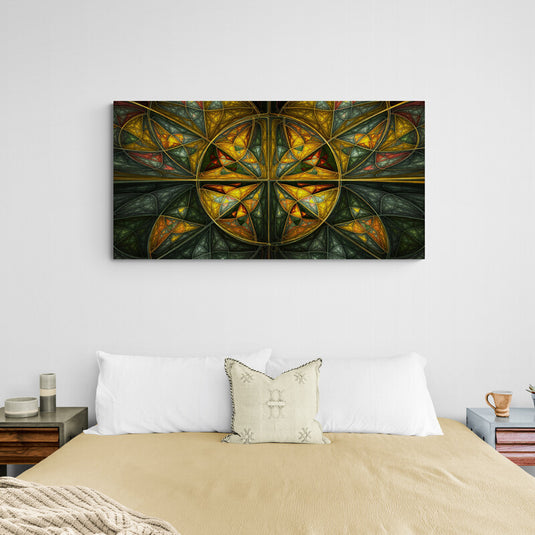 Arte fractal simétrico con patrones geométricos en tonos de amarillo, verde y rojo sobre fondo negro