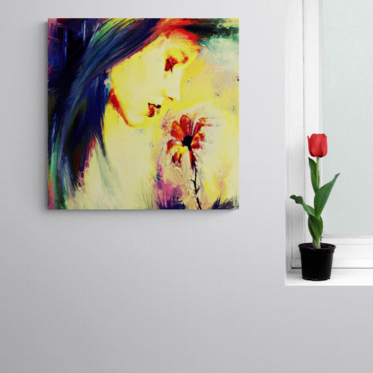 Mujer contemplando flor, pintura expresionista