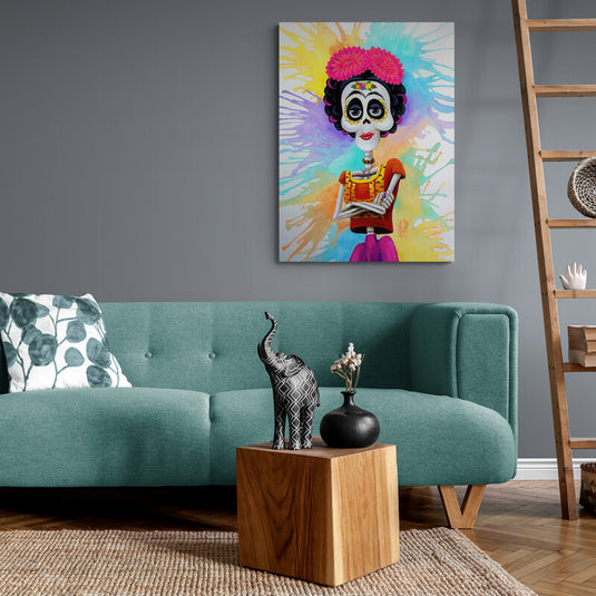 Calavera del Día de los Muertos con corona de flores sobre fondo colorido