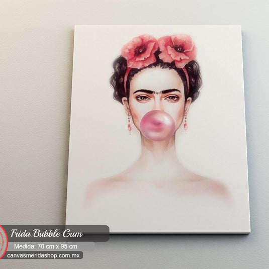 Retrato estilizado de figura femenina con flores en la cabeza y globo de chicle rosa, en arte moderno y expresivo