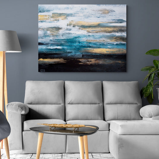 Cuadro abstracto en azul, dorado y negro estilo paisaje etéreo, arte moderno ideal para decoración elegante.