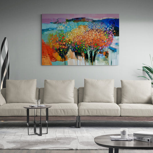 Cuadro_decorativo_abstracto_con_paleta_de_colores_vibrantes_incluyendo_morado_azul_lila_rojo_naranja_turquesa_y_árboles_representados_con_puntos_como_hojas