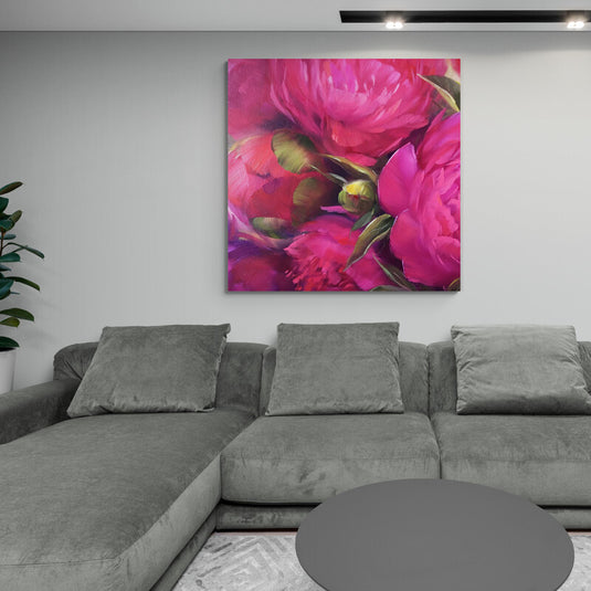 Pintura al óleo de peonías en tonos vibrantes de rosa