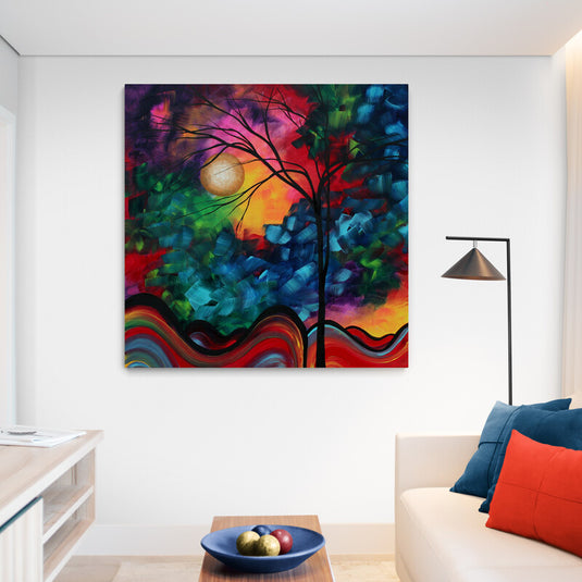 Cuadro decorativo con fusión cromática en verde, azul, fucsia, rosa y negro; árbol esbelto sin hojas en contraste negro y círculo central en tono amarillo-arena