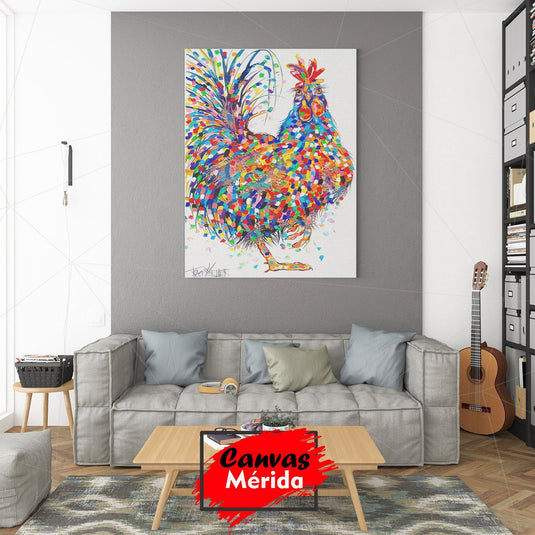 Cuadro decorativo de gallo colorido en estilo expresionista moderno colocado en sala de estar contemporánea