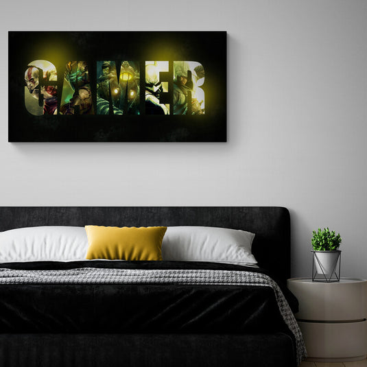 Cuadro decorativo gamer con personajes de videojuegos en tipografía artística iluminada