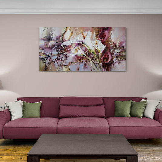 Pintura abstracta de calas con tonos pastel y burdeos