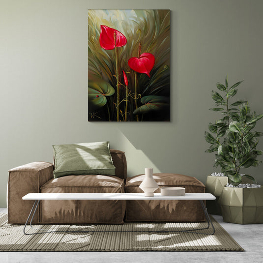 Pintura surrealista de anthuriums rojos sobre fondo abstracto verde y dorado