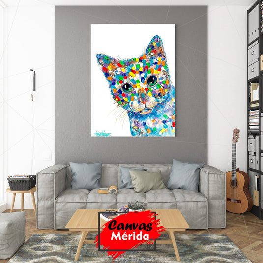 Cuadro decorativo de gato colorido en estilo puntillista moderno