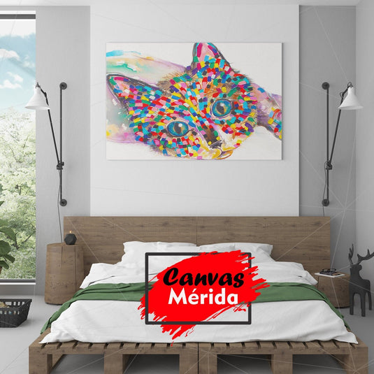Lienzo decorativo de gato en estilo abstracto con colores vibrantes