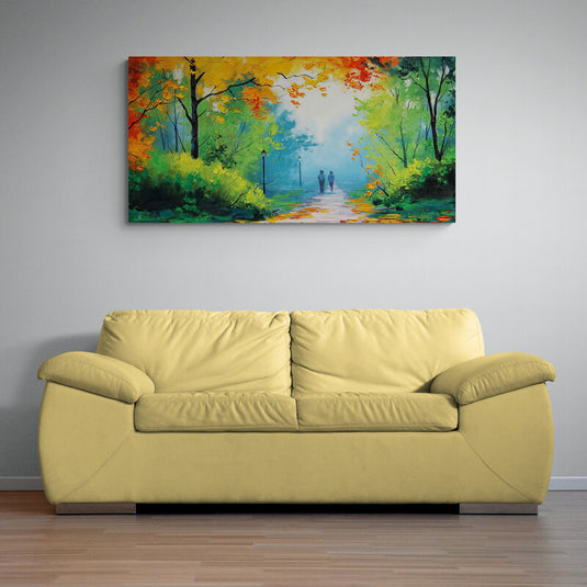 Cuadro_Decorativo_Paseo_Por_Senda_Verde_Amarilla_Roja_Con_Dos_Personas_Espaldas
