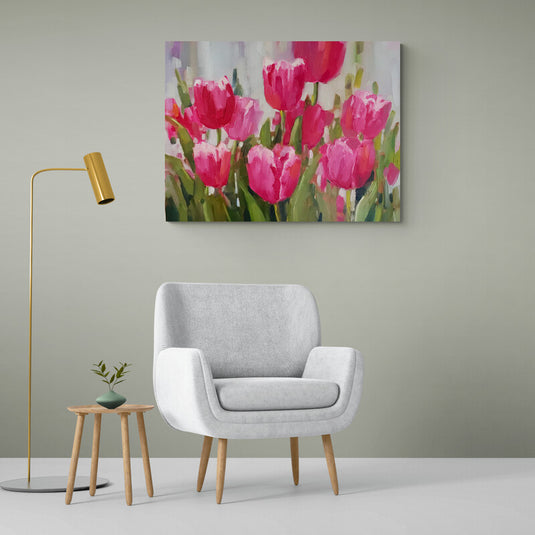 Pintura expresionista de tulipanes rosas en flor