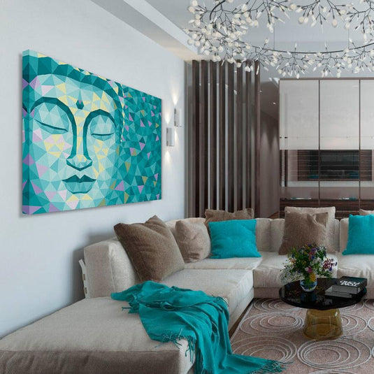 Arte geométrico de Buda en tonos turquesa, amarillo y pastel.