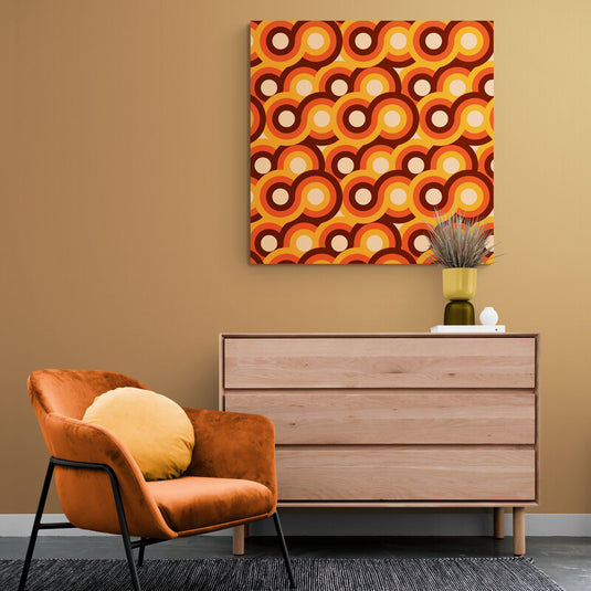 Patrón retro de círculos anaranjados y amarillos estilo años 60-70