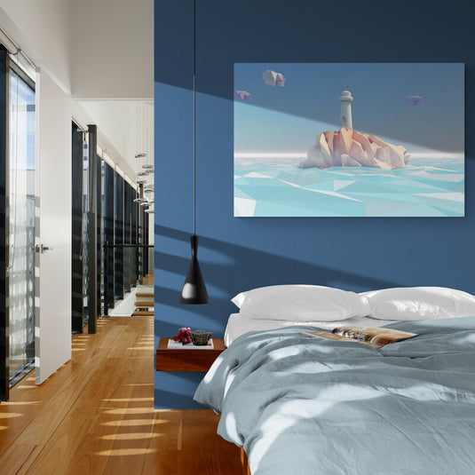 Imagen surrealista de un faro sobre una isla geométrica en un mar de hielo